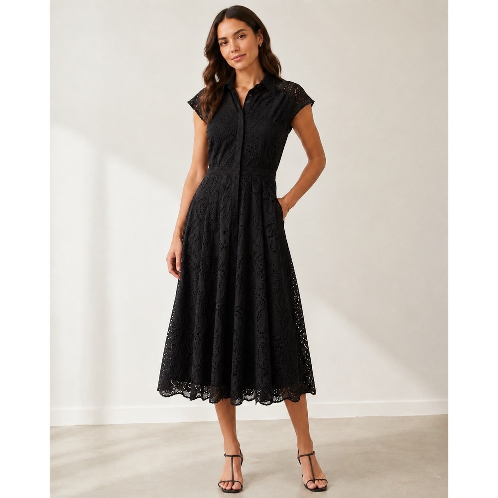 Blue Dahlia Black Eyelet Cutwork Midi Dress Size 6 Romantic Gothic Fit Flare